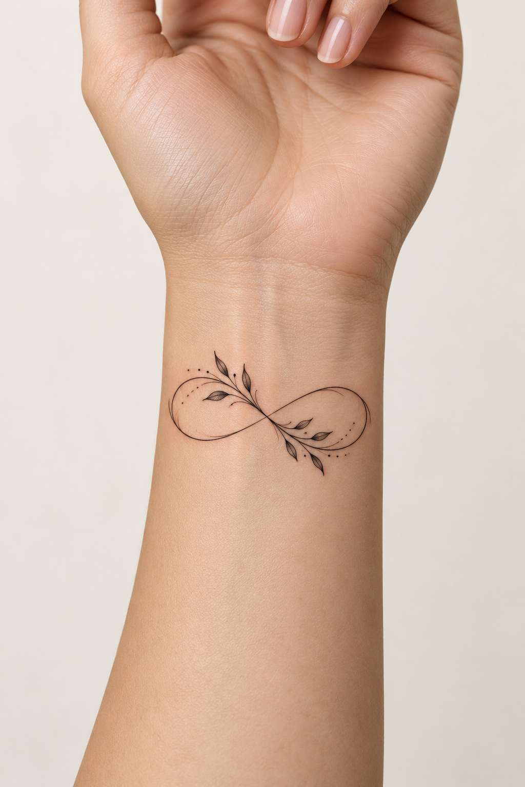 Fine-line black infinity symbol tattoo on the inner wrist.