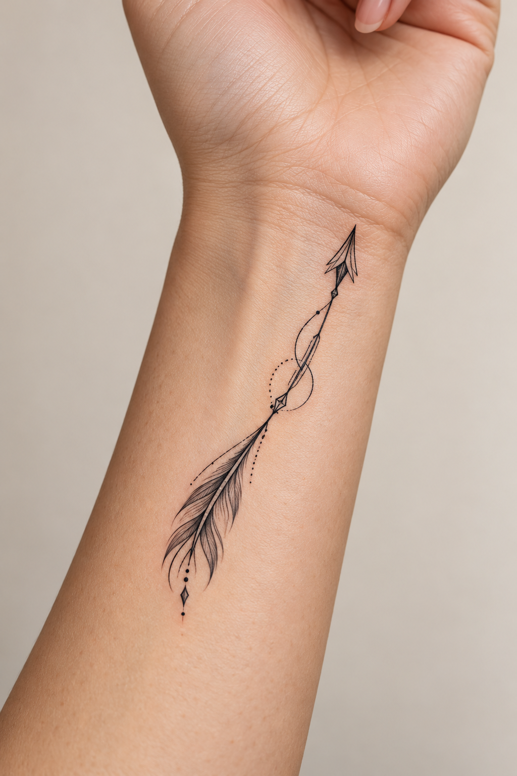 Fine-line black arrow tattoo with small feather details on the inner wrist.