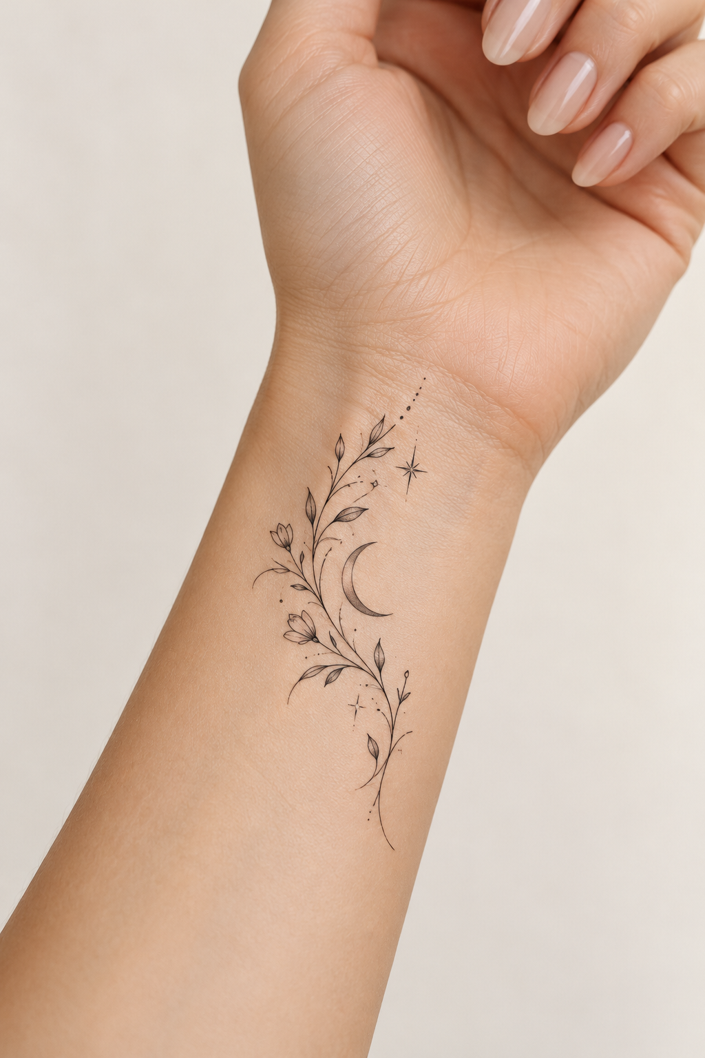 Small cursive “November” tattoo on the inner wrist.