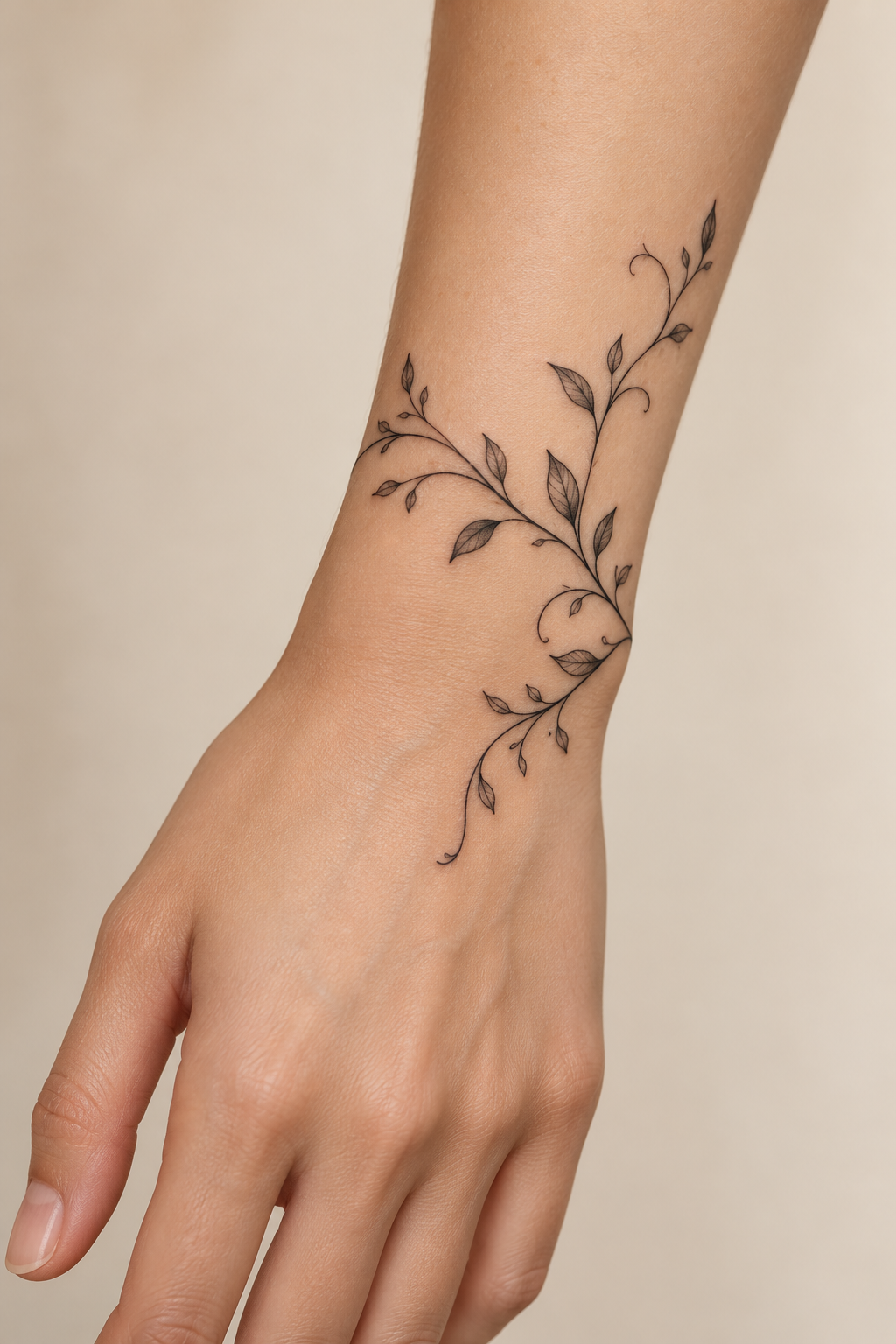 Fine-line black vine tattoo with small leaves and curling tendrils winding across the wrist.