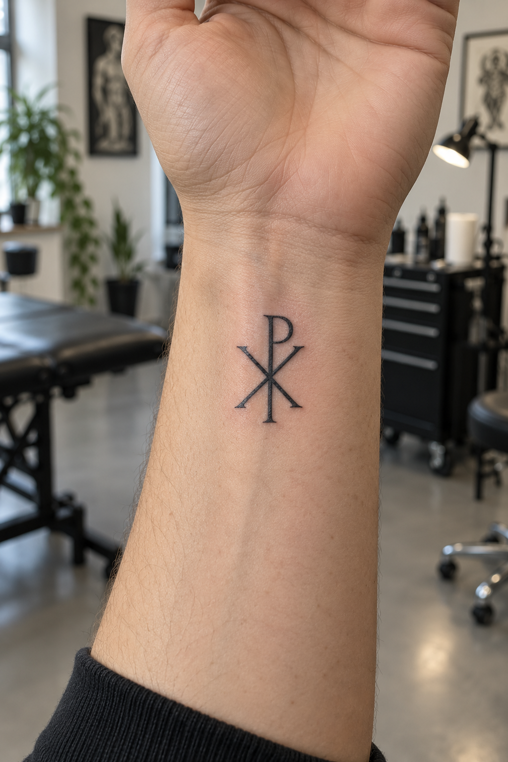 Minimal inner-wrist Chi Rho tattoos for men
