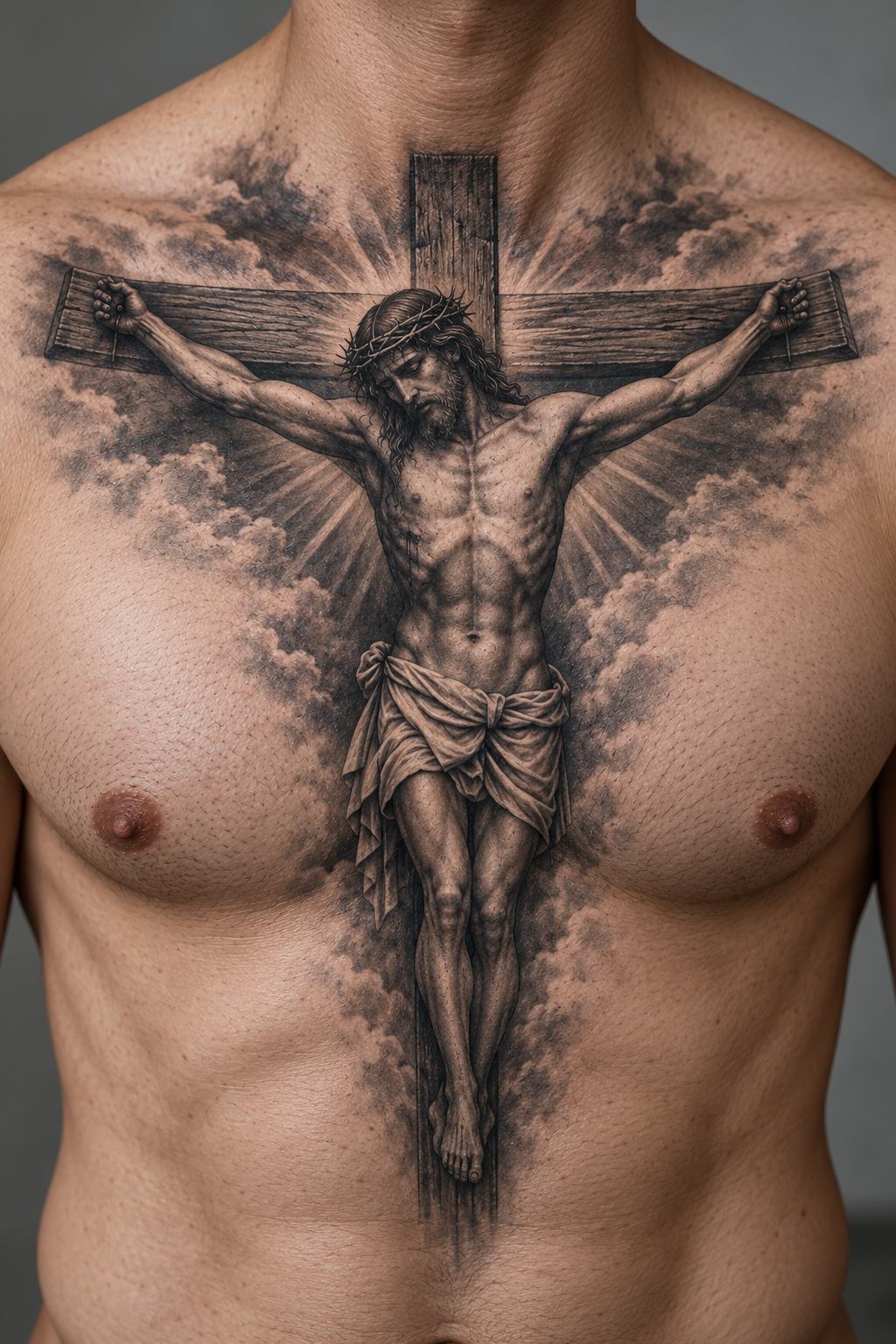 Centered Crucifix Christian chest tattoos for men idea