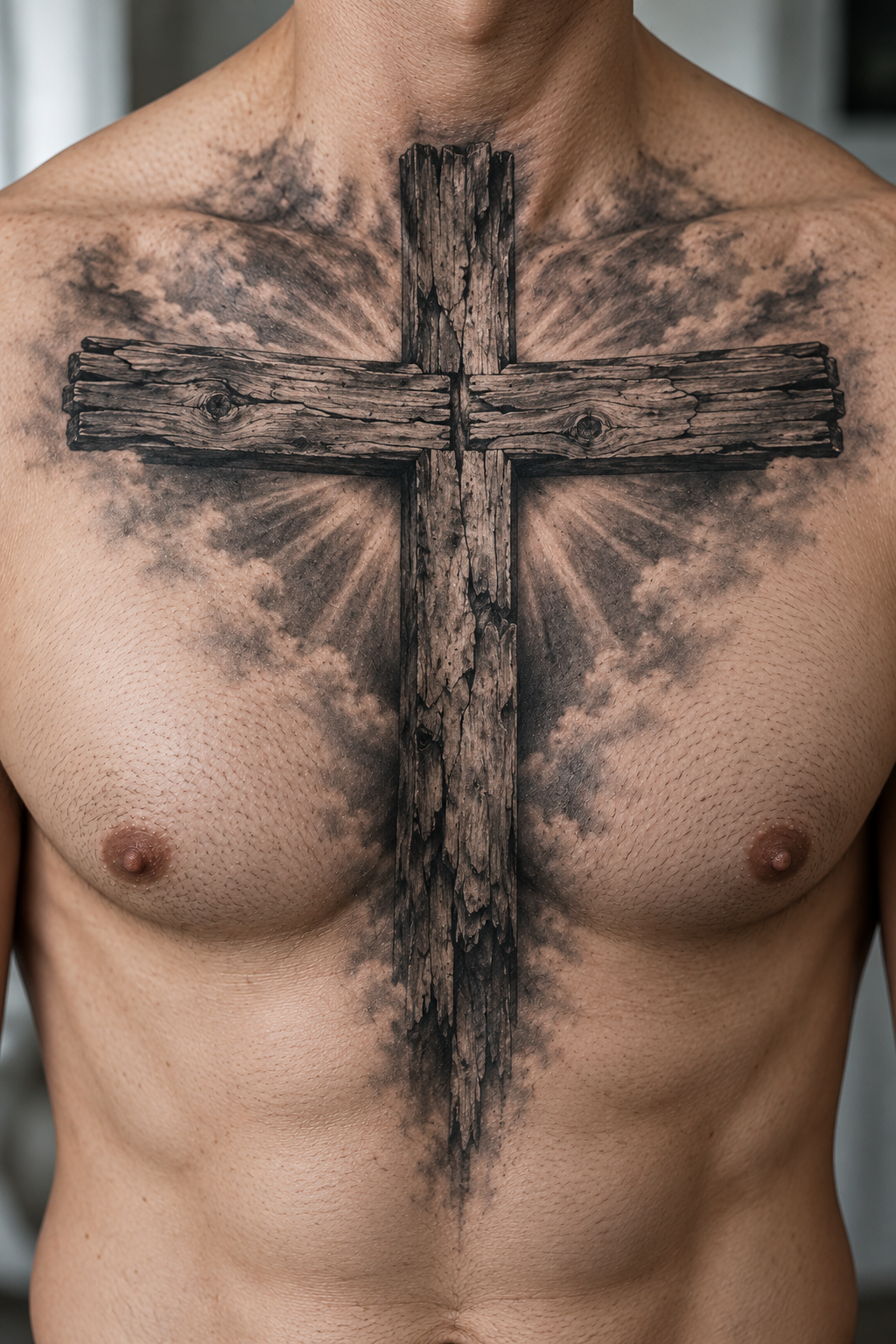 Weathered Wooden Cross Christian chest tattoo idea