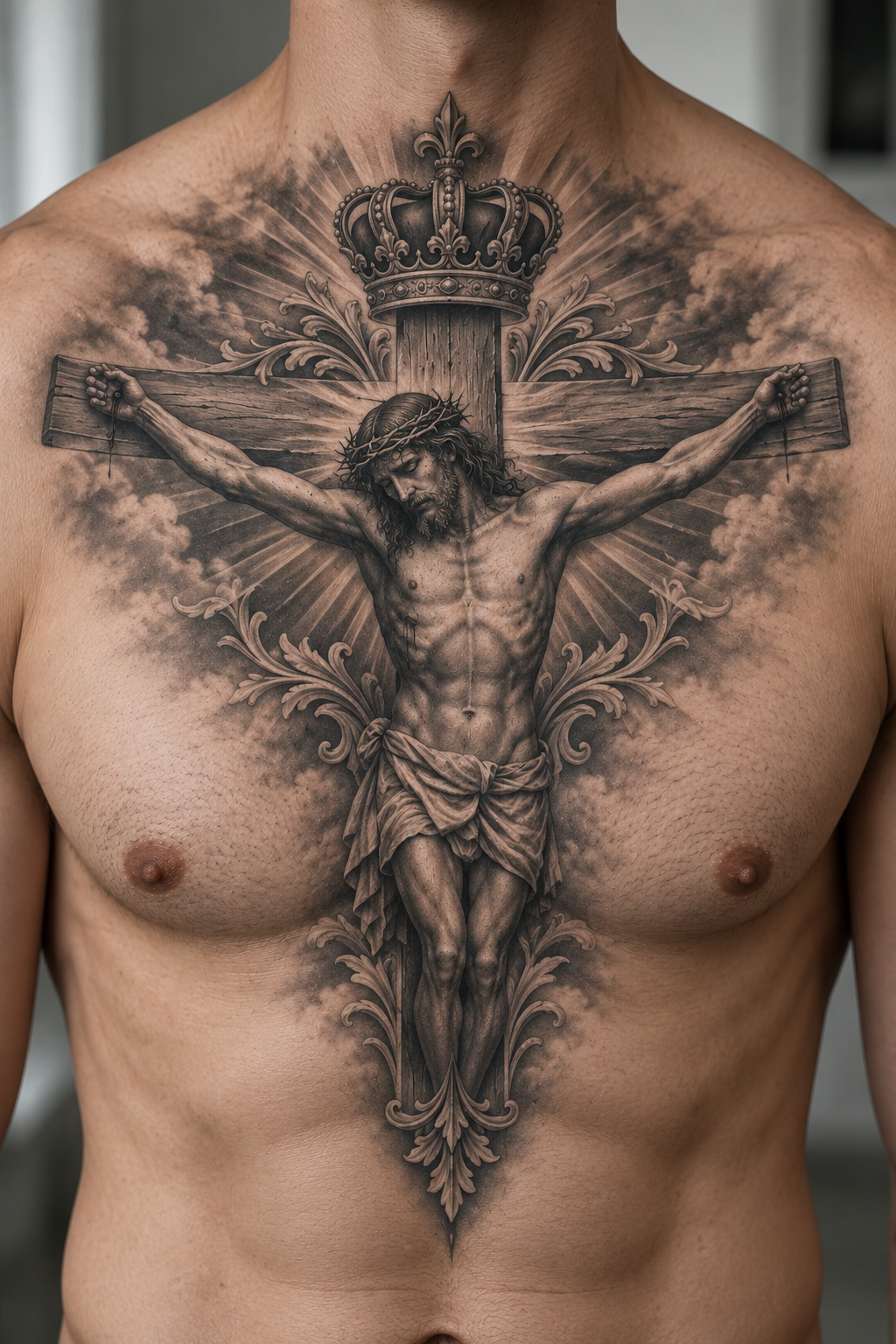 Crown and Cross Christian chest tattoo idea