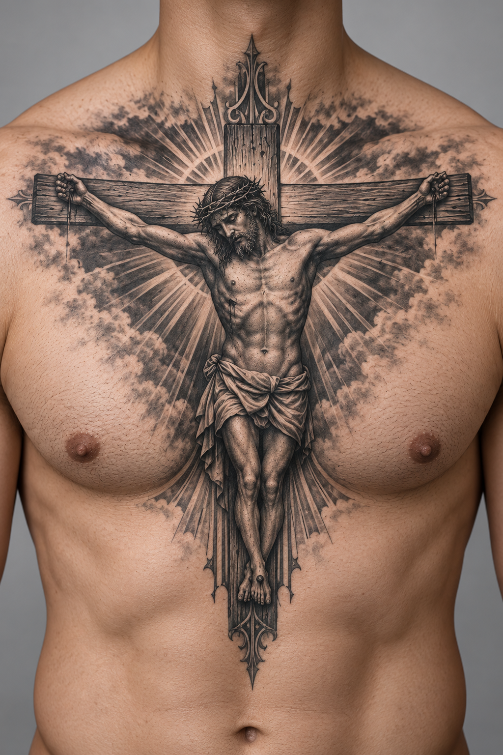 Radiant Cross Christian chest tattoo idea