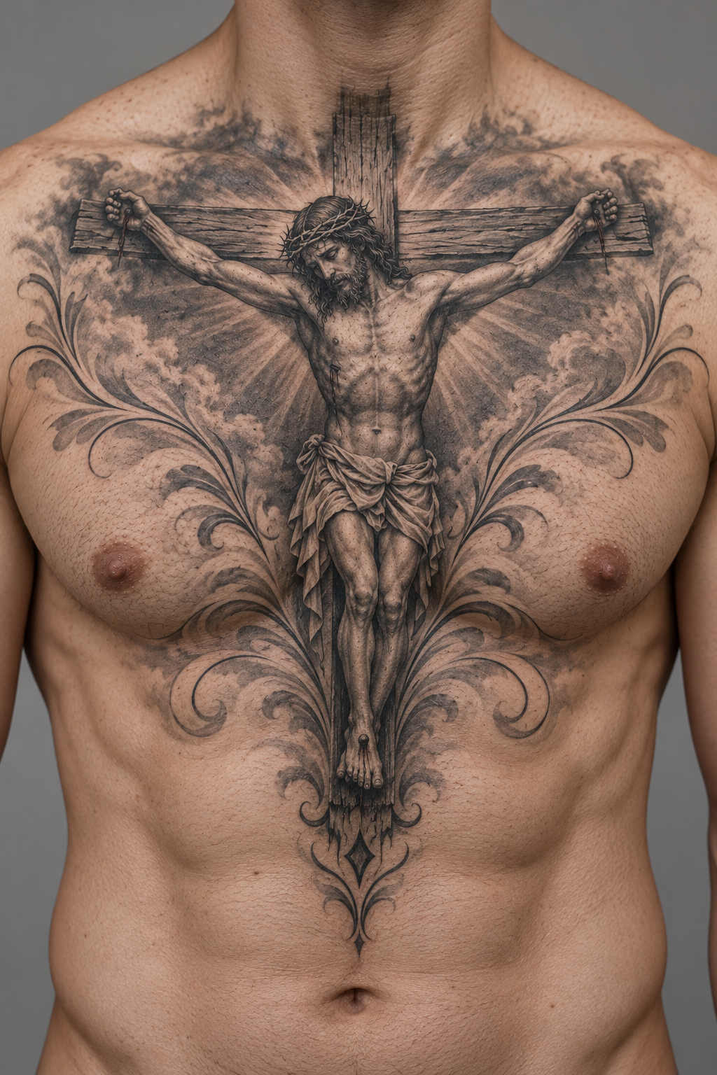 Cross with Script Christian chest tattoo idea