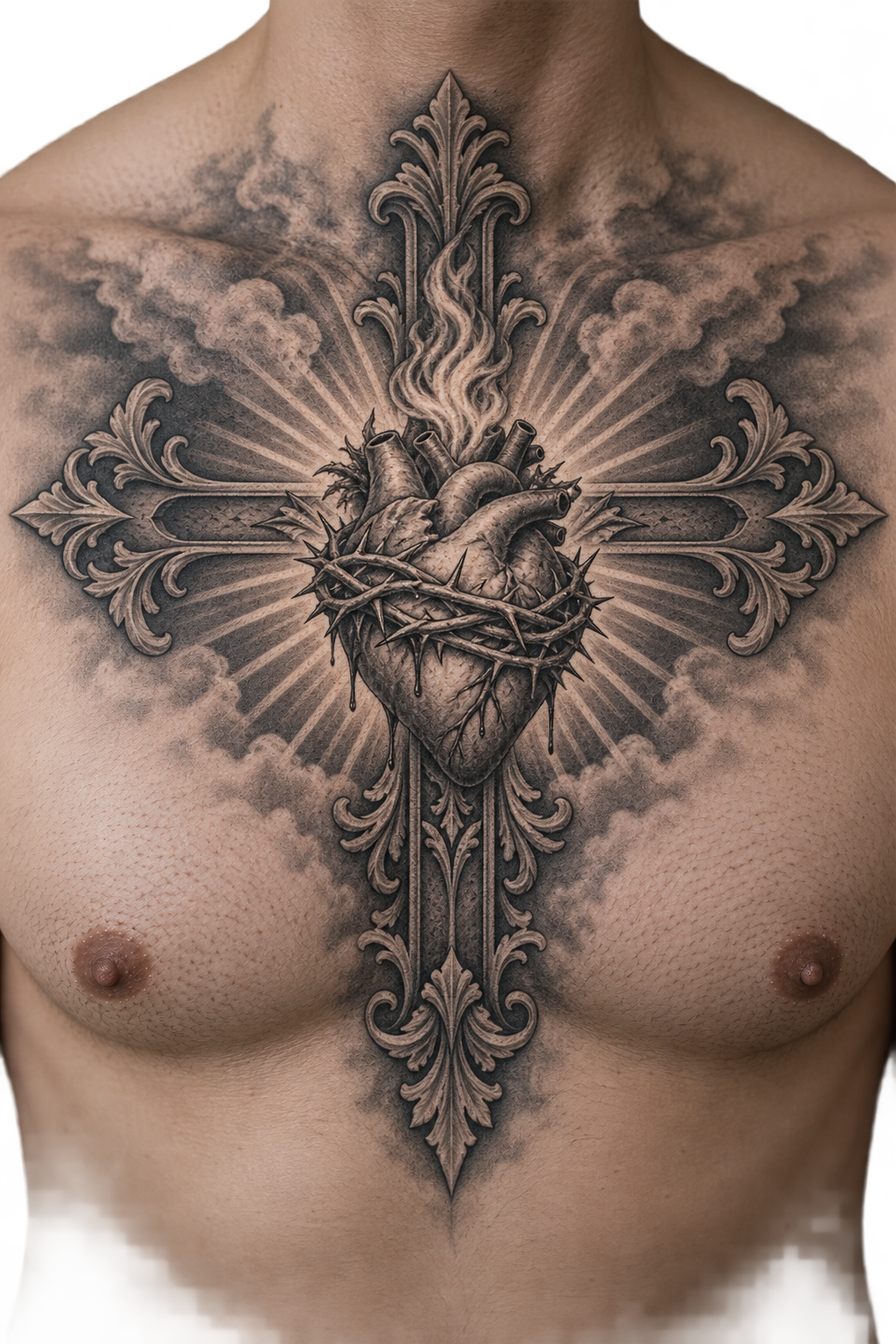Sacred Heart Cross Christian chest tattoo idea
