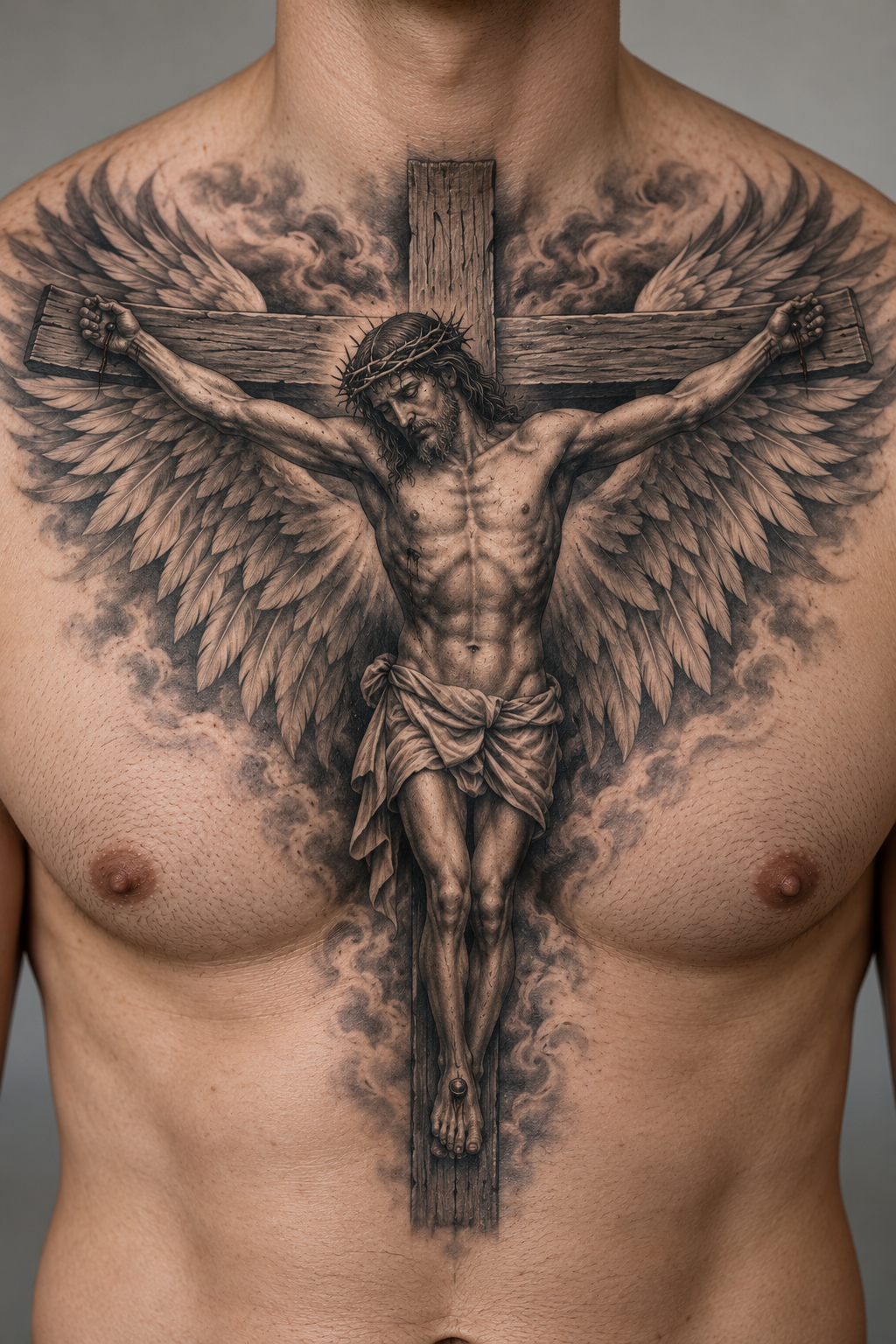 Winged Crucifix Christian chest tattoo idea