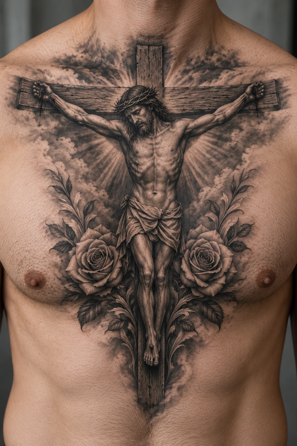 Cross and Roses Christian chest tattoo idea