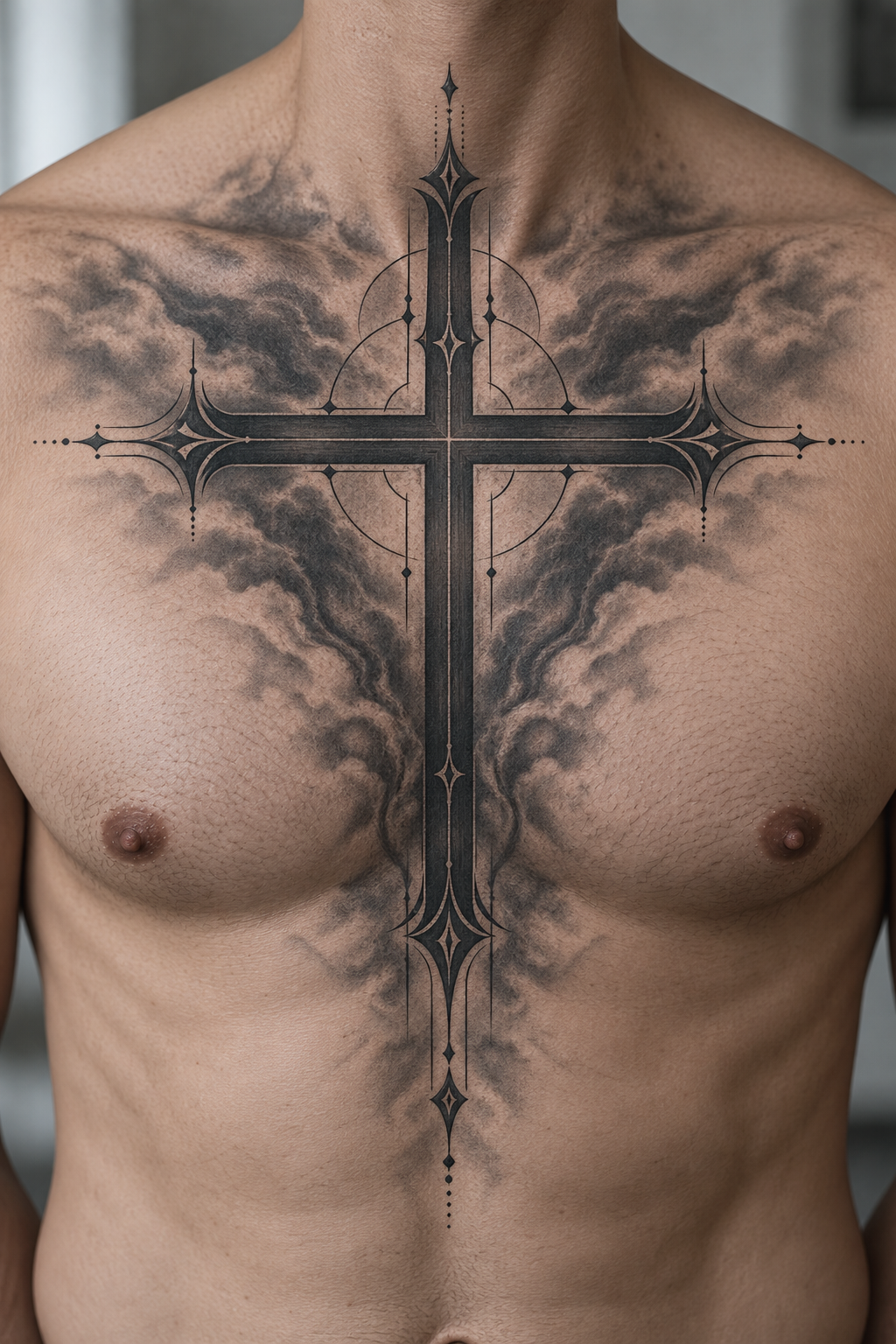 Minimal Black Cross Christian chest tattoo idea