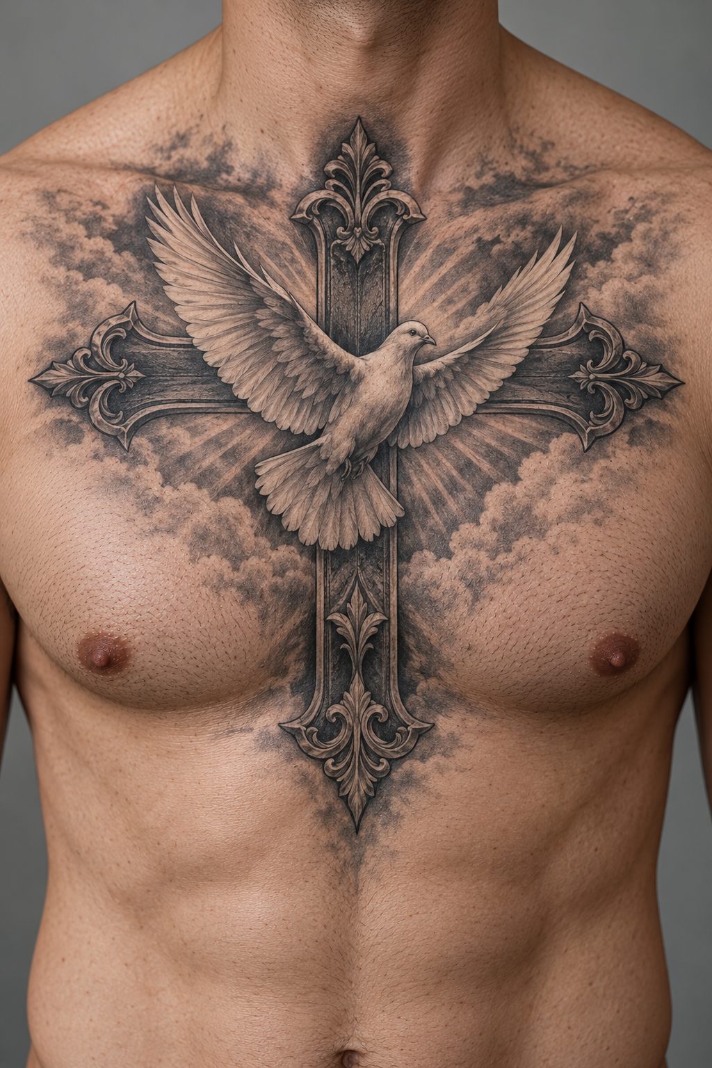 Cross with Dove Christian chest tattoo idea