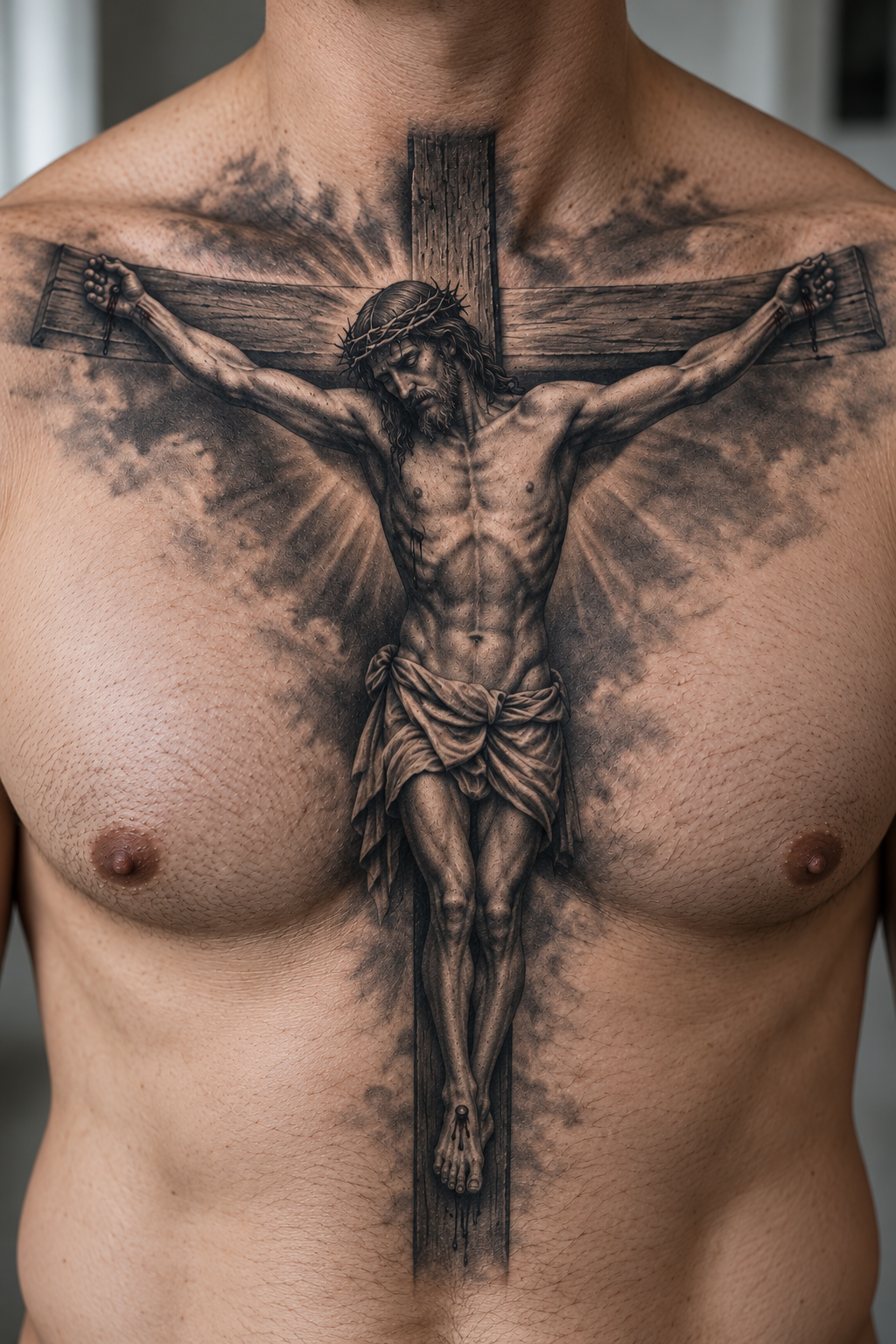 Gothic Crucifix Christian chest tattoo idea