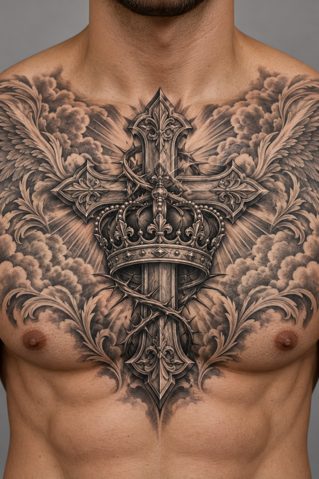 Cross and Crown Christian chest tattoo idea
