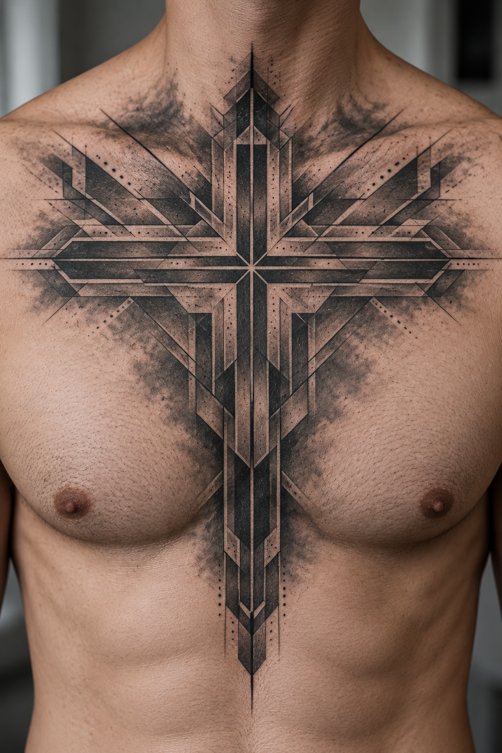 Geometric Cross Christian chest tattoo idea