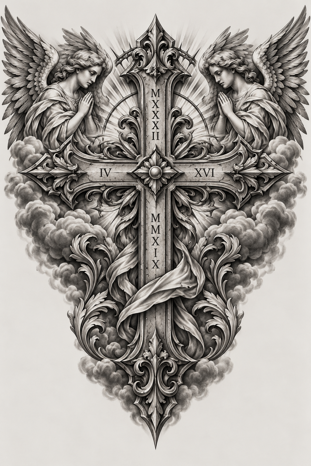 Cross with Roman Numerals Christian chest tattoo idea