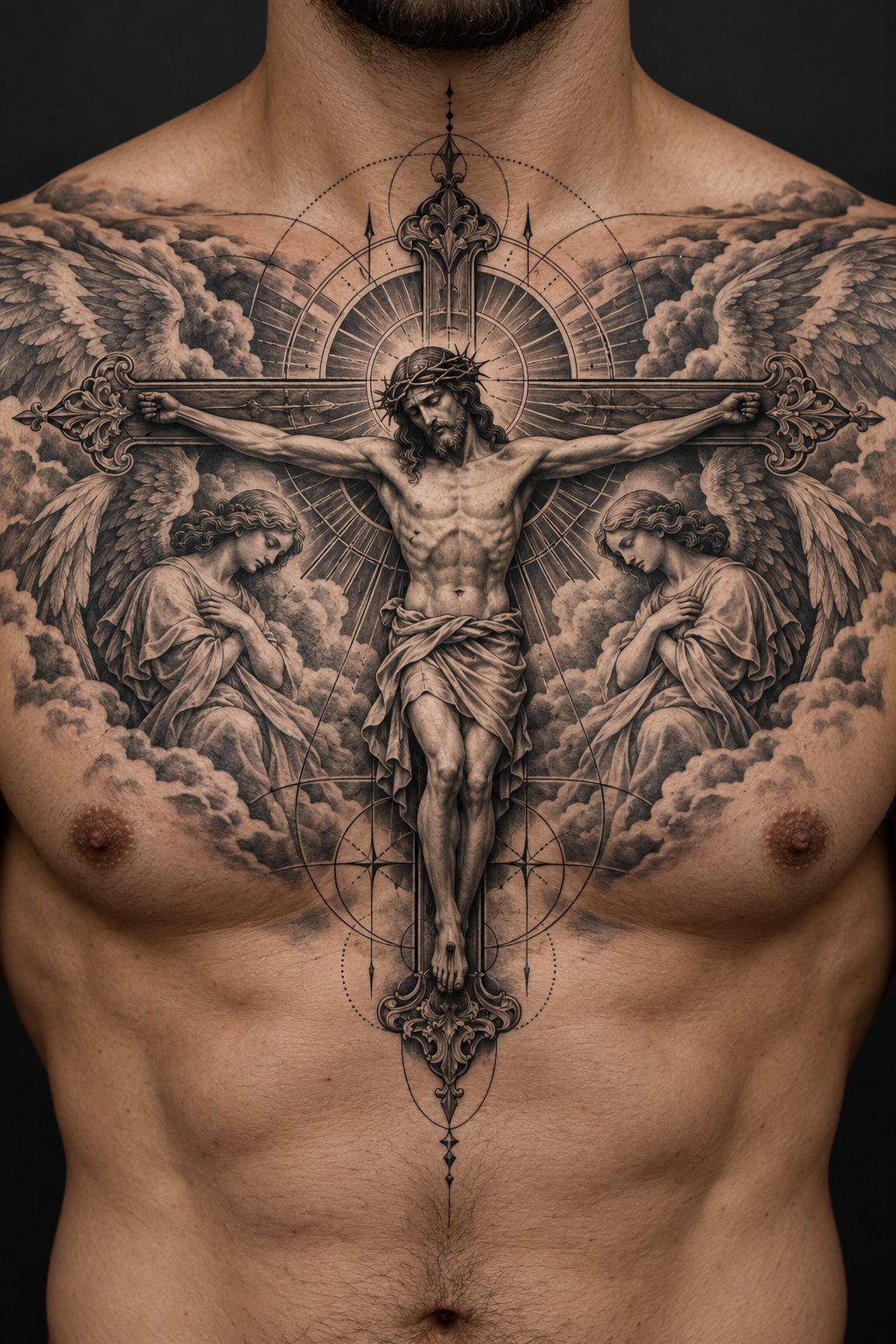 Chest-Wide Crucifix Christian chest tattoo idea