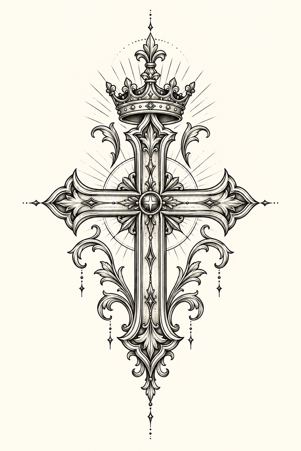 Crowned cross on the upper chest Christian tattoo idea
