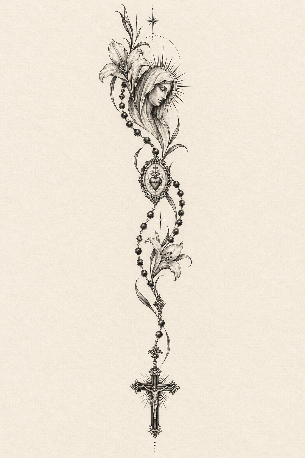 Rosary on the side torso Christian tattoo idea