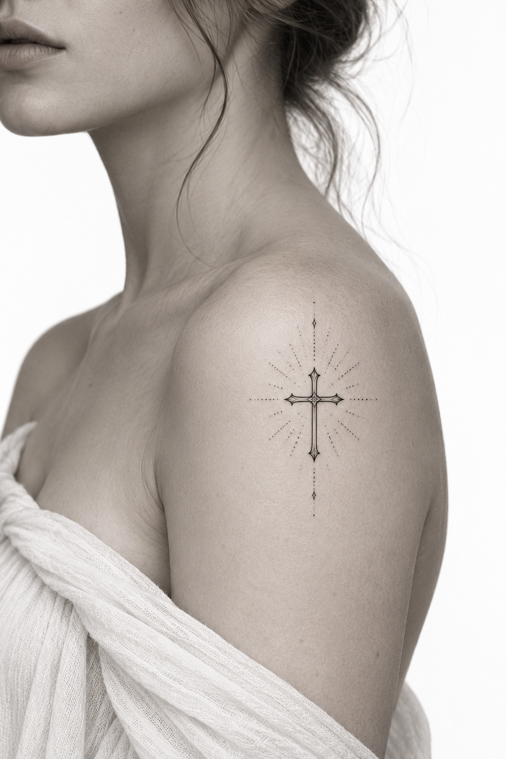 Small cross with dotted rays on the shoulder Christian tattoo idea