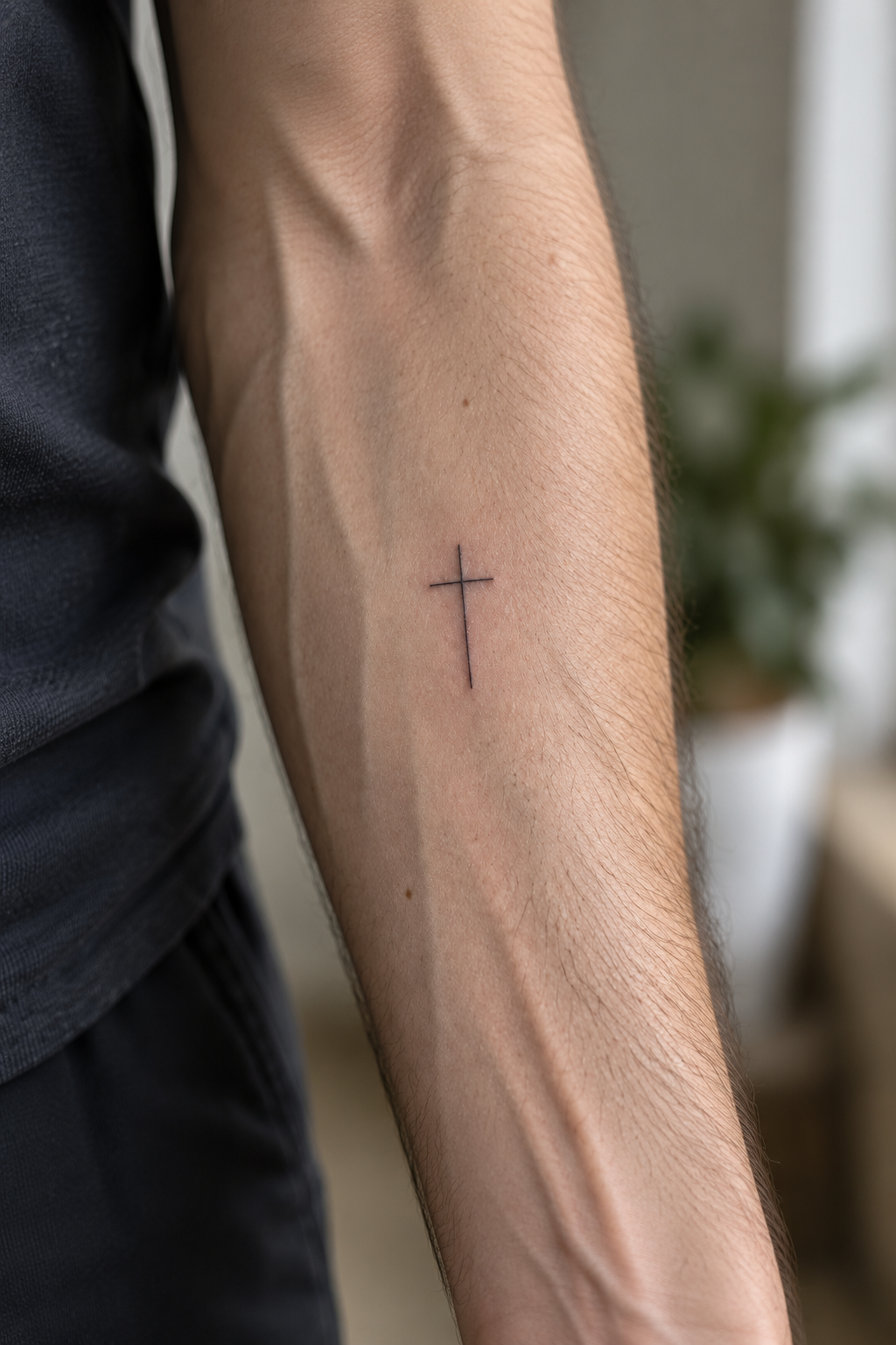 Thin line cross on the forearm Christian tattoo idea