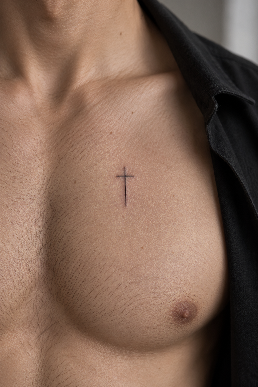 Small cross on the chest Christian tattoo idea
