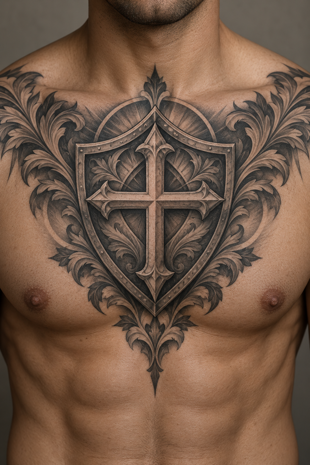 Armor of God tattoos for men: cross and shield chest piece