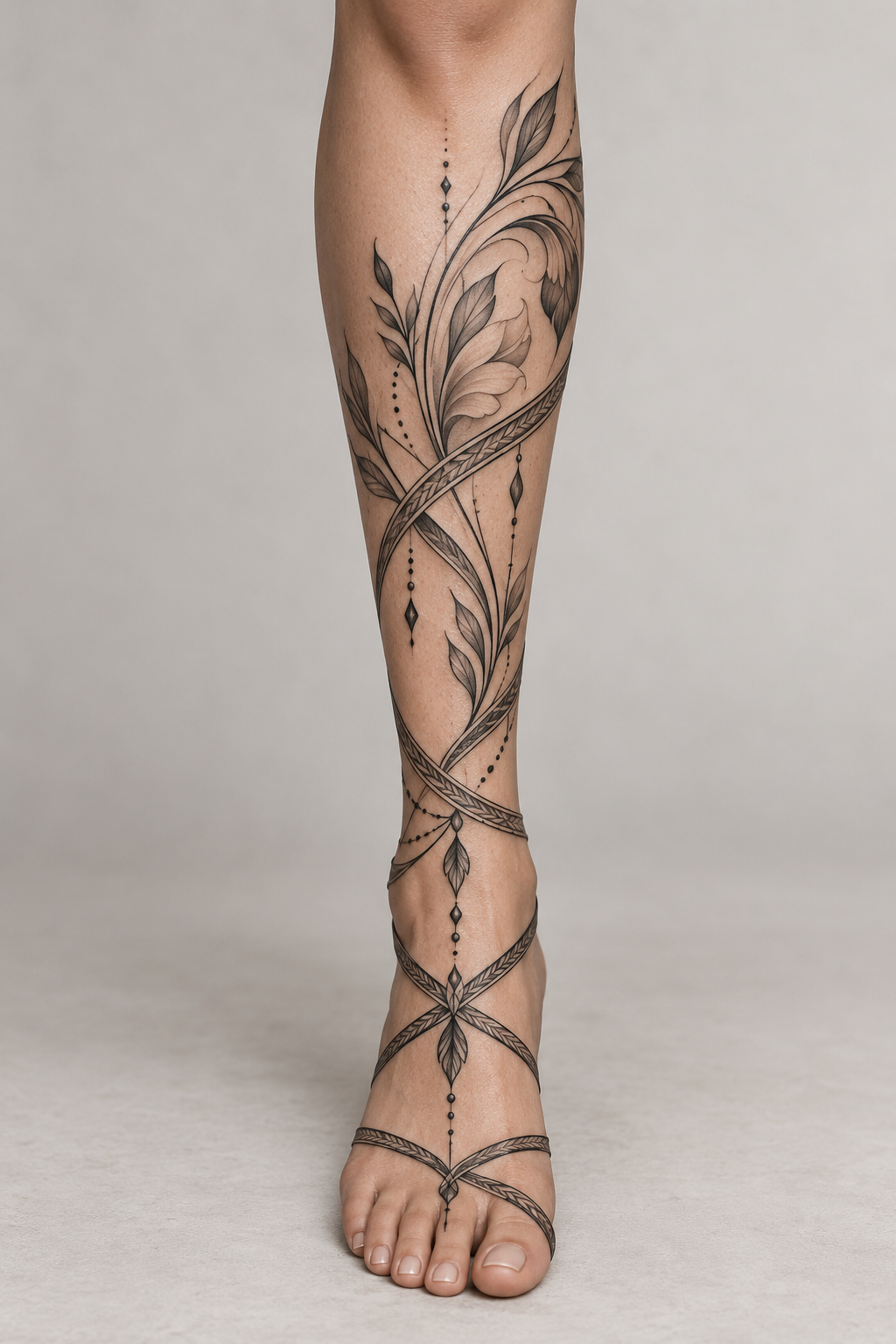 Sandal and verse lower-leg design Armor of God tattoo