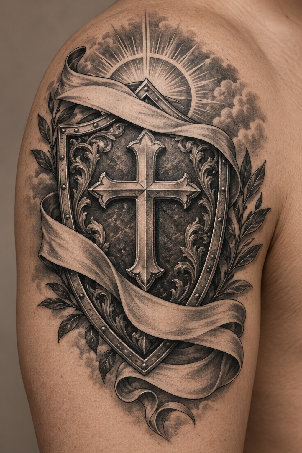Shoulder shield with faith banner Armor of God tattoo