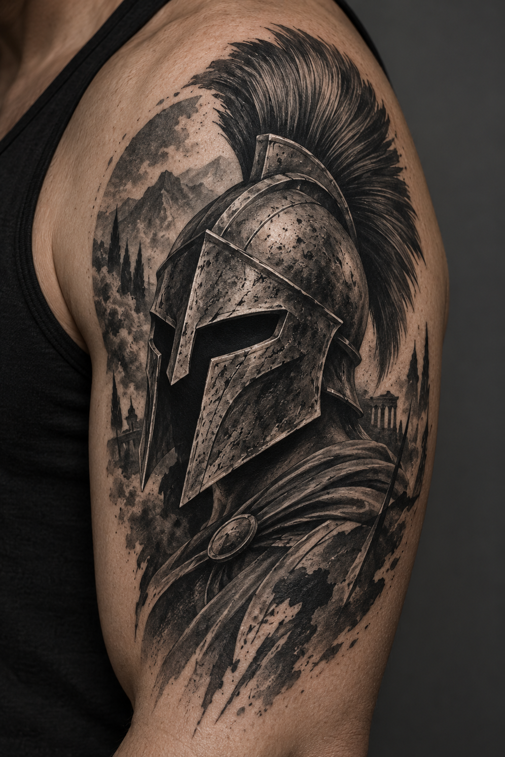 Spartan helmet upper-arm concept Armor of God tattoo