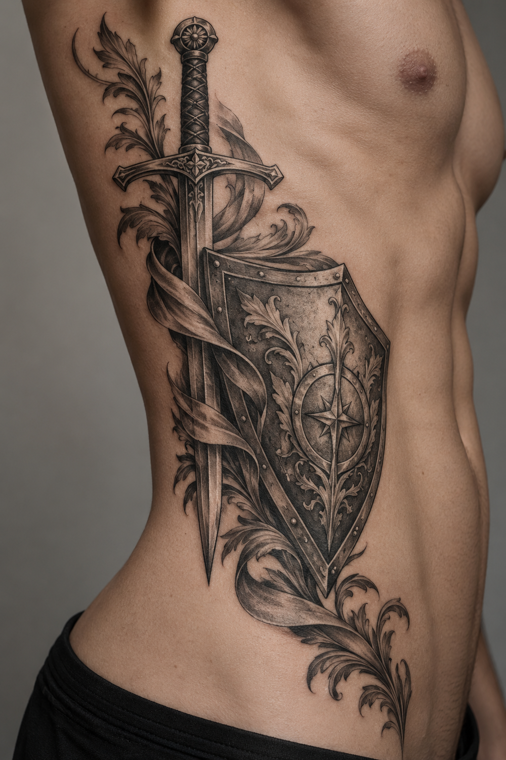 Sword and shield side-torso design Armor of God tattoo