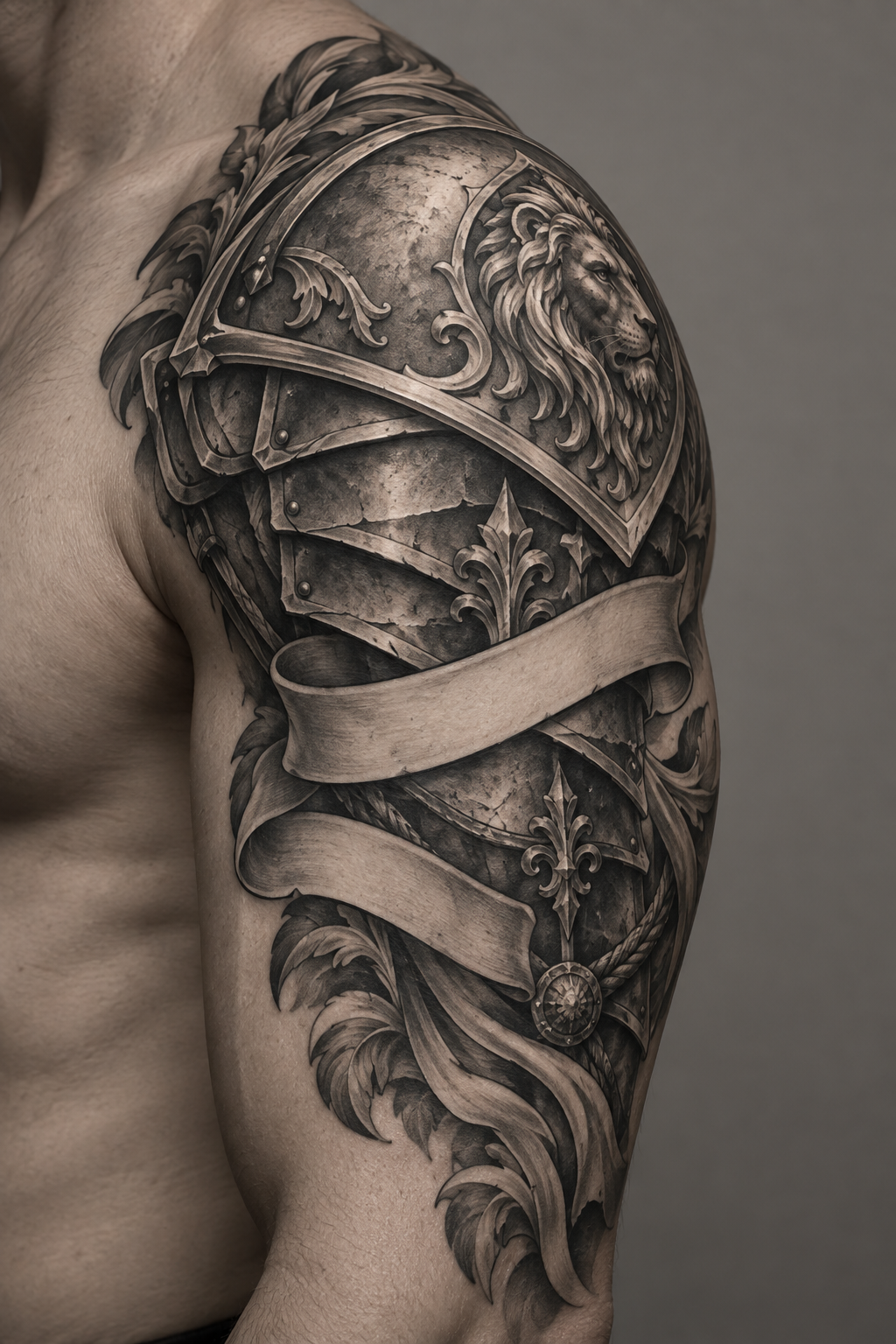 Shoulder armor with verse banner Armor of God tattoo