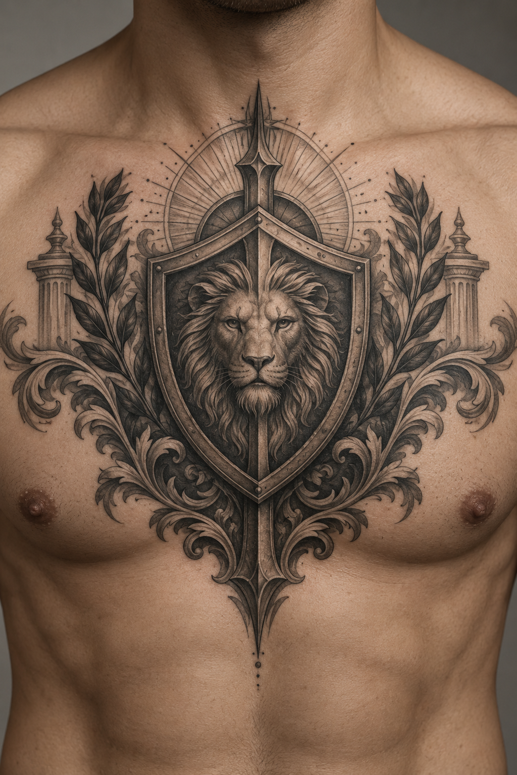 Righteousness shield chest tattoo Armor of God tattoo