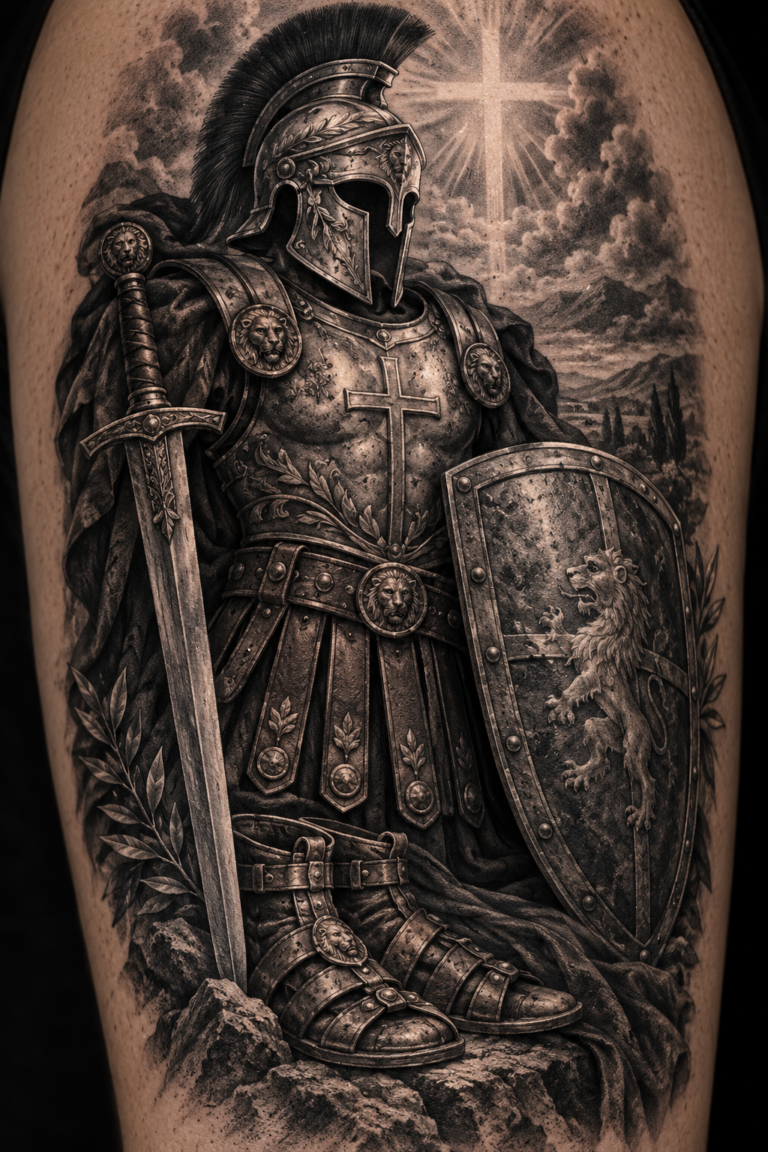 Armor of God tattoo composition for men