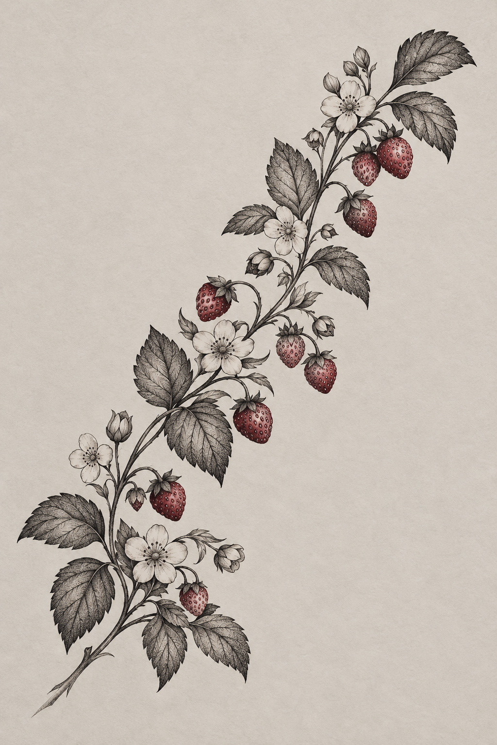 Black-and-gray berry branch strawberry vine tattoo design