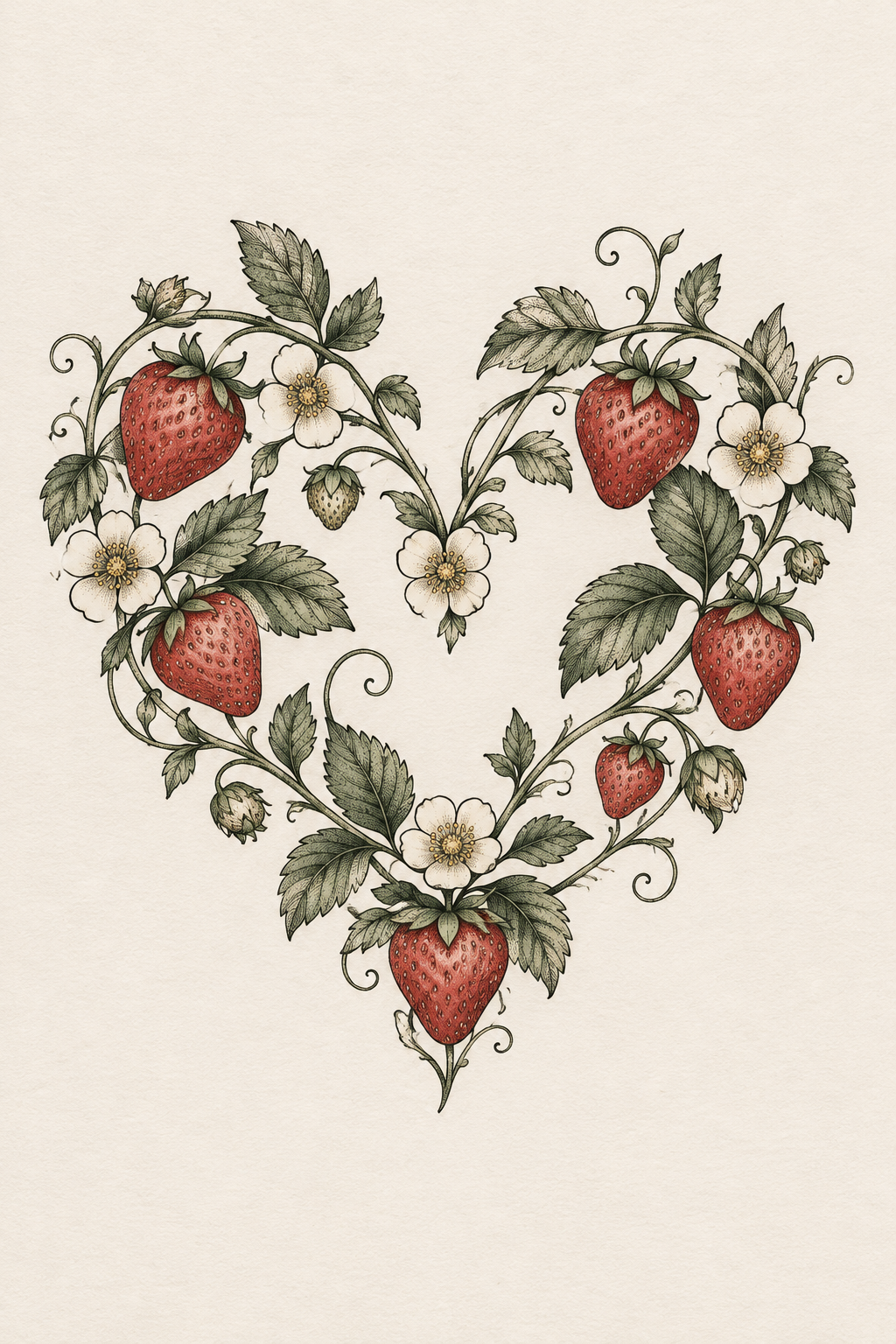 Strawberry heart motif strawberry vine tattoo design