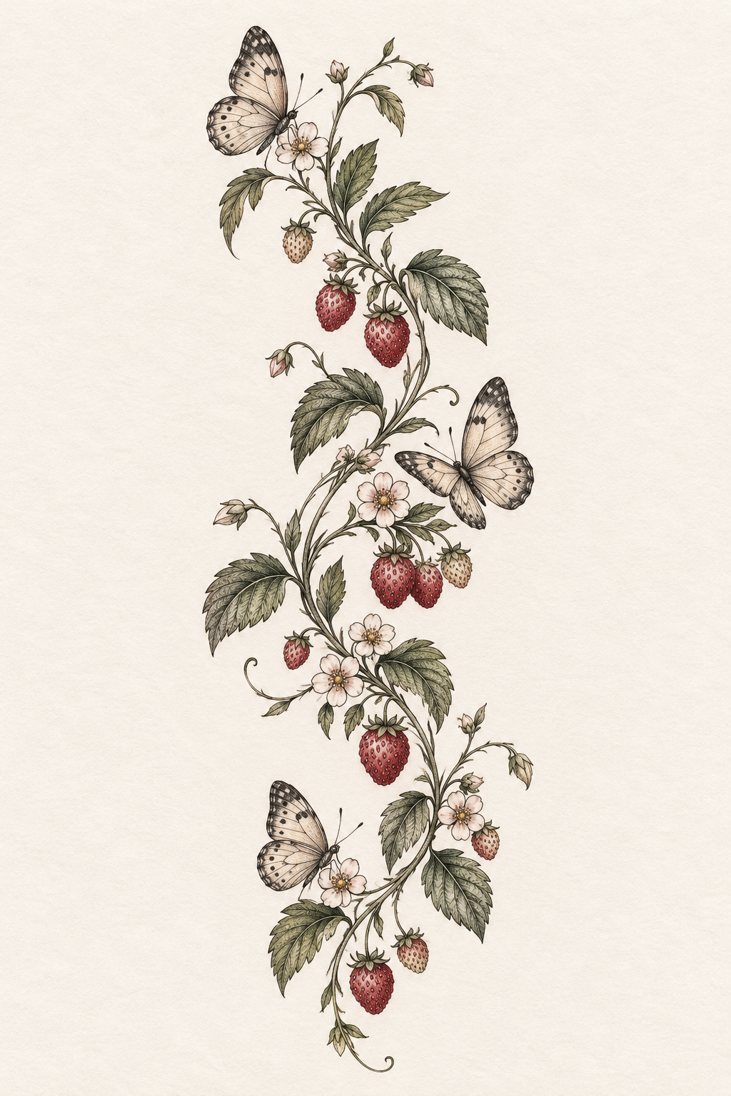 Berry-and-butterfly vine strawberry vine tattoo design