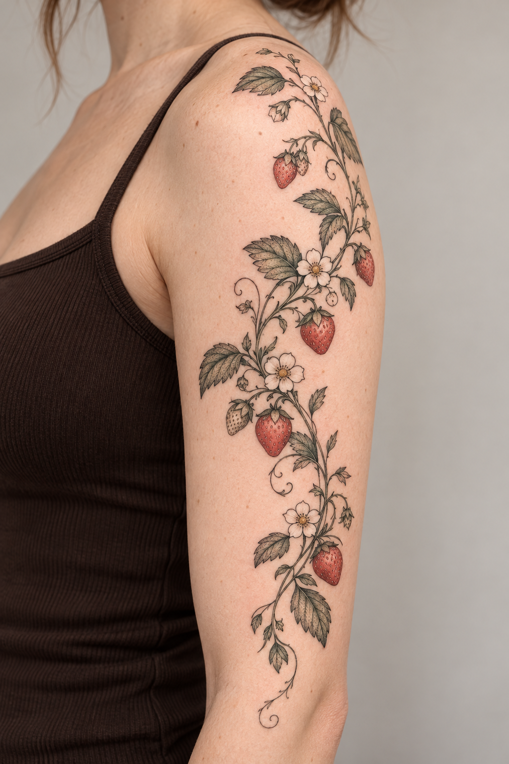 Strawberry shoulder trail strawberry vine tattoo design