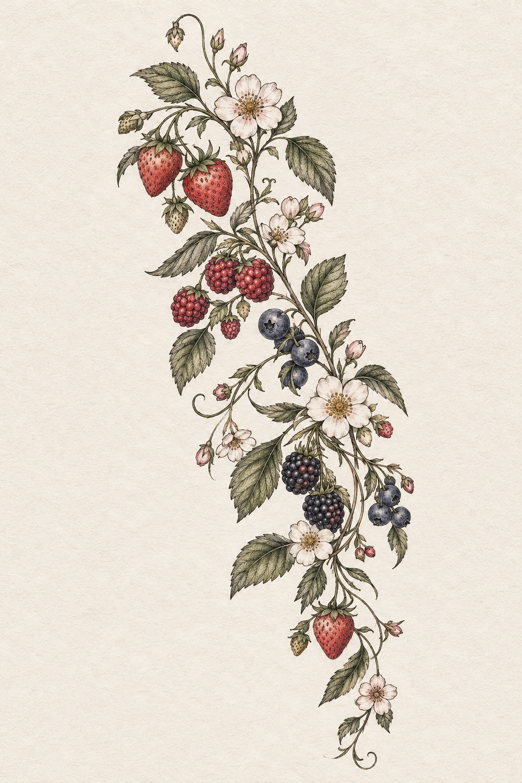 Whimsical berry bundle strawberry vine tattoo design