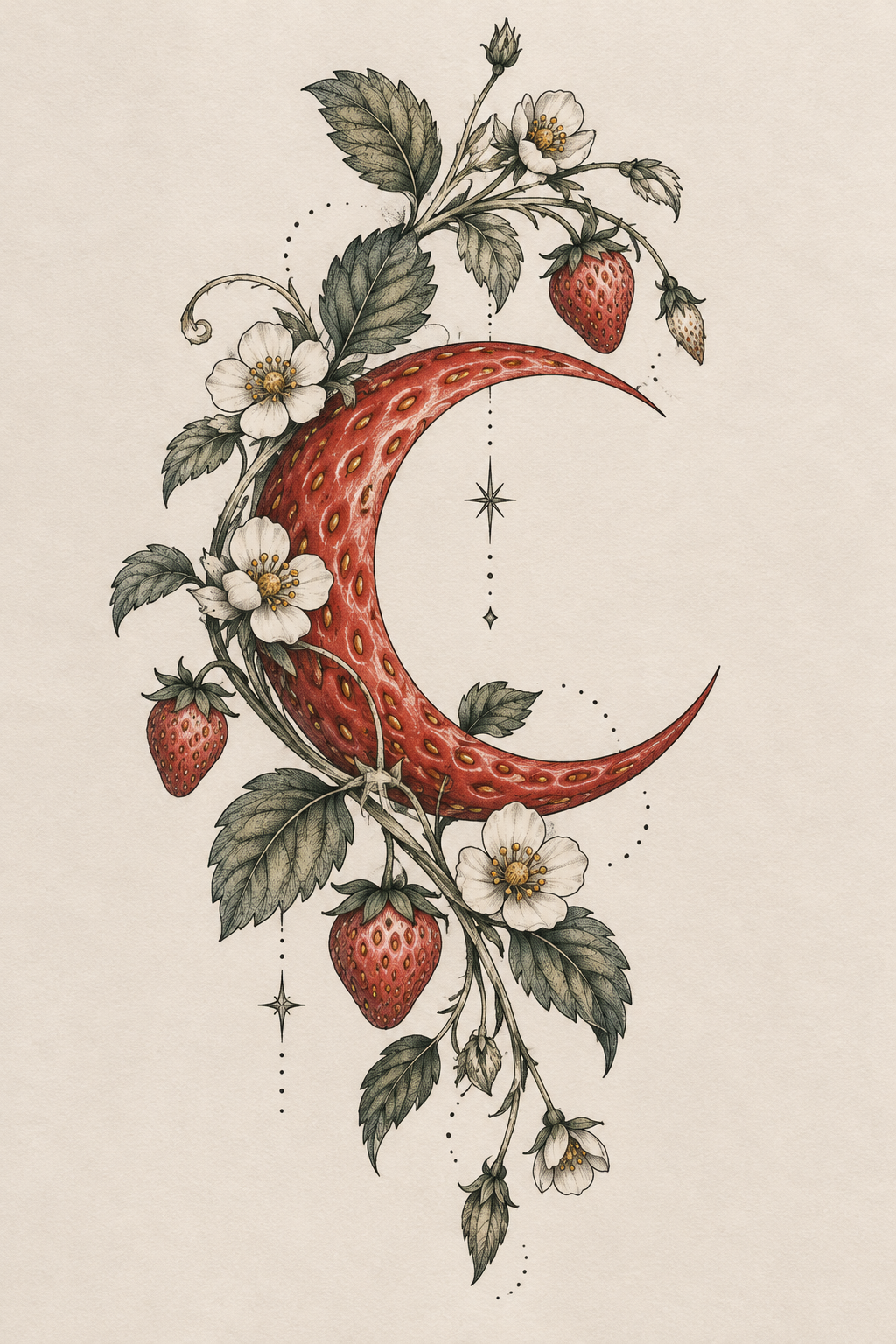 Strawberry moon composition strawberry vine tattoo design