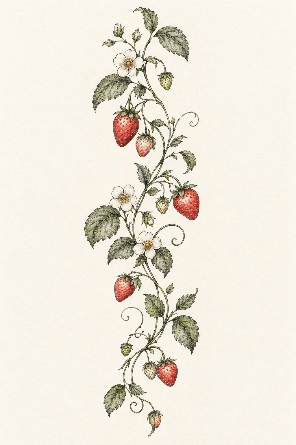 Long botanical strawberry stem strawberry vine tattoo design