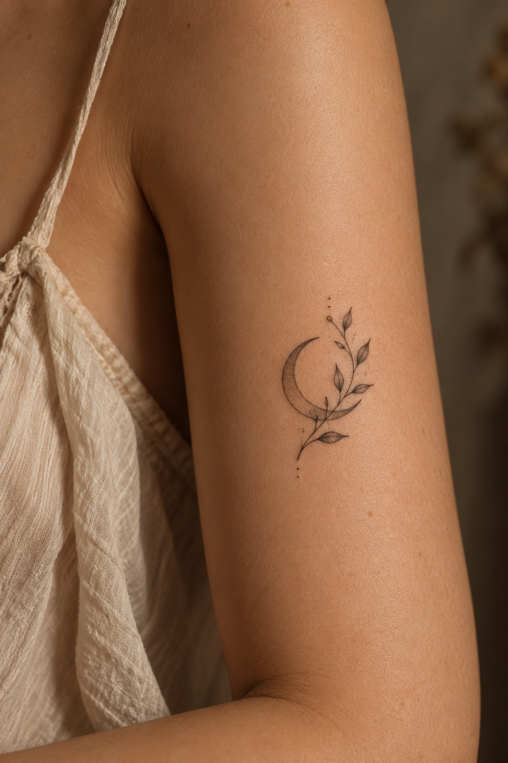 Dainty crescent moon and leaf tiny nature tattoo idea