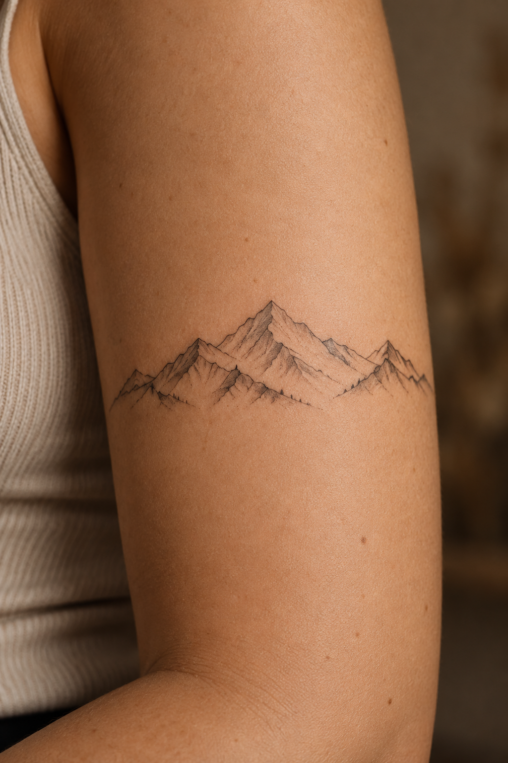 Fine-line mountain range tiny nature tattoo idea