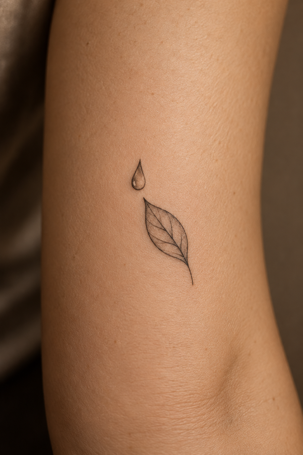Minimalist raindrop and leaf tiny nature tattoo idea