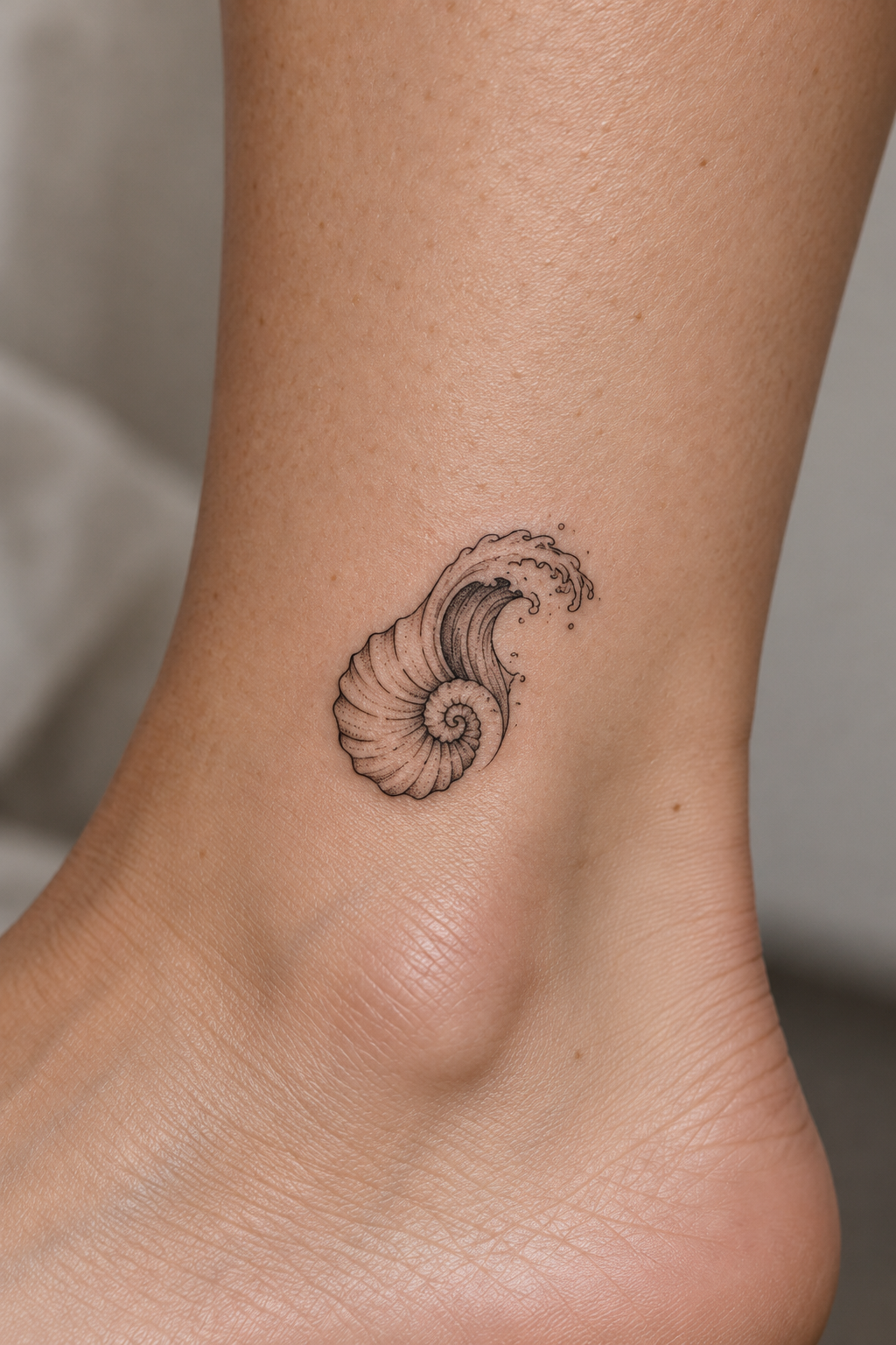 Wave and shell tiny sea animal tattoos idea