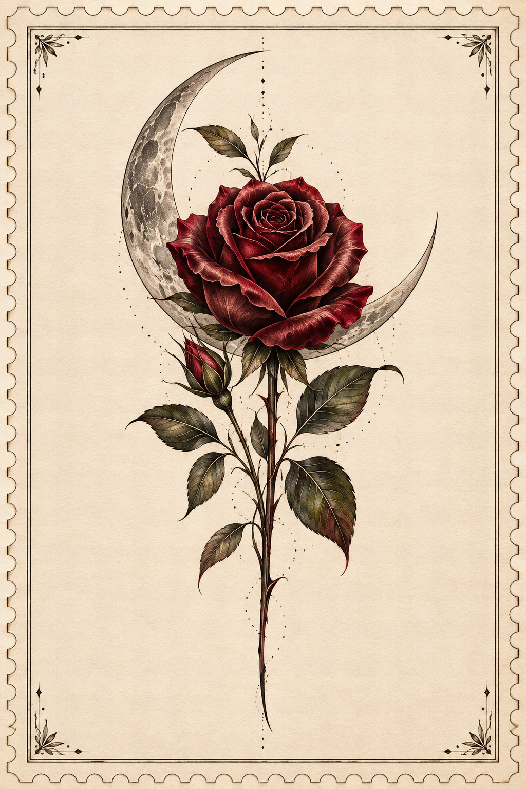 Realistic Rose and Moon Ink stamp tattoo idea