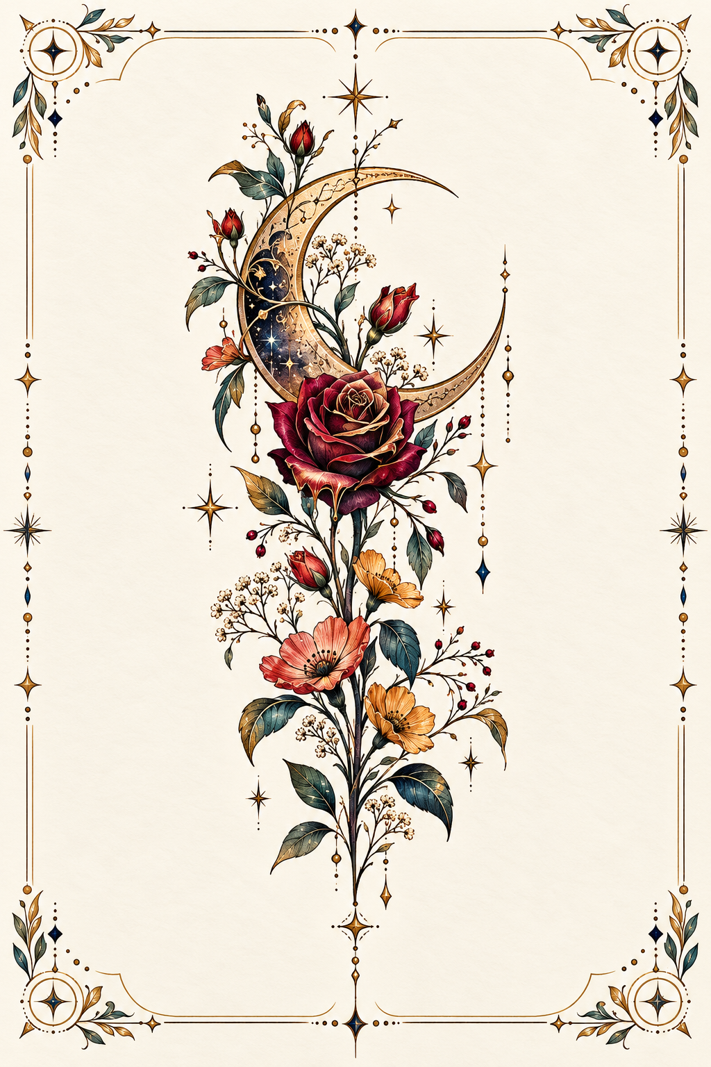 Colorful Floral Moon Design stamp tattoo idea