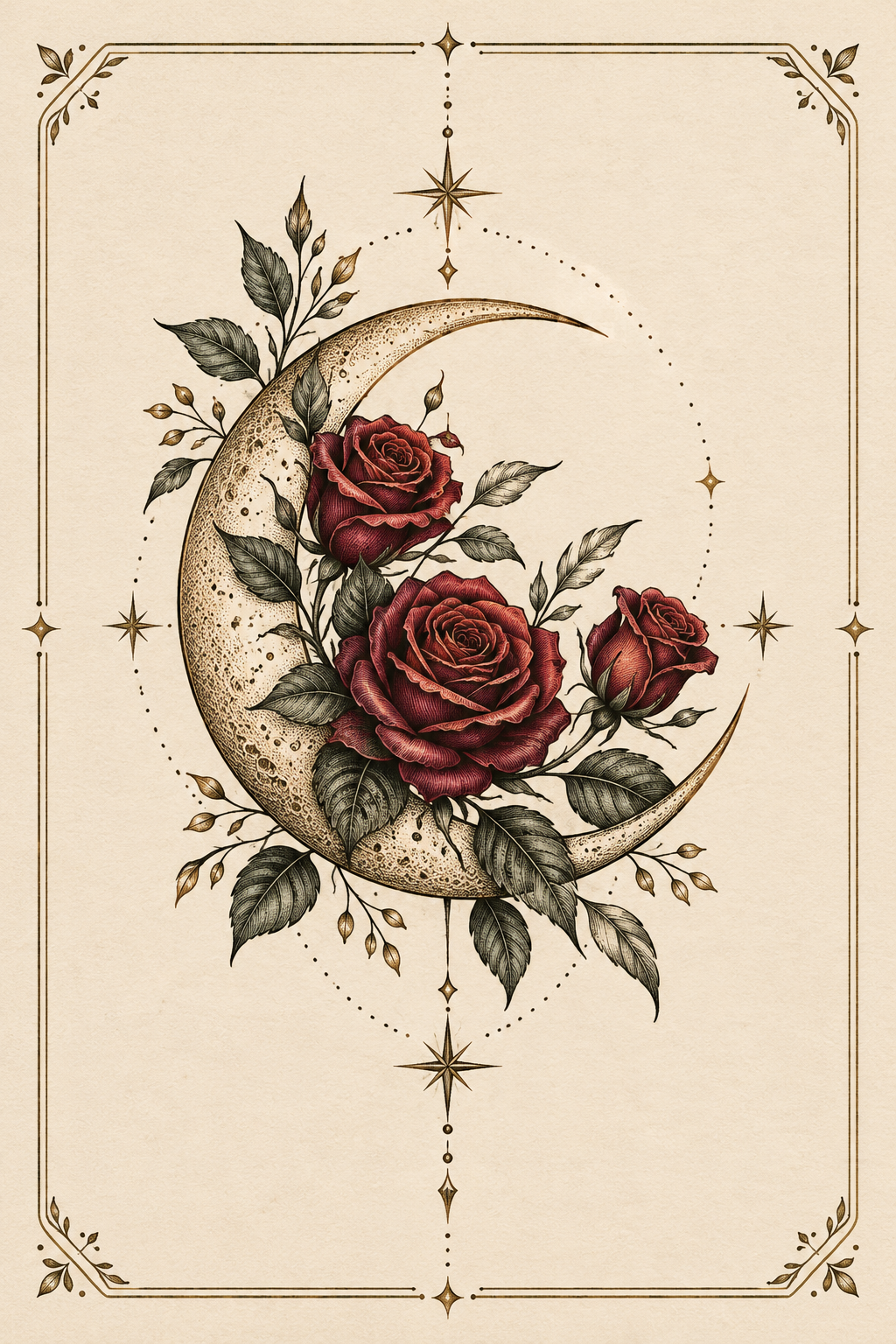 Rose-Filled Crescent Moon Art stamp tattoo idea