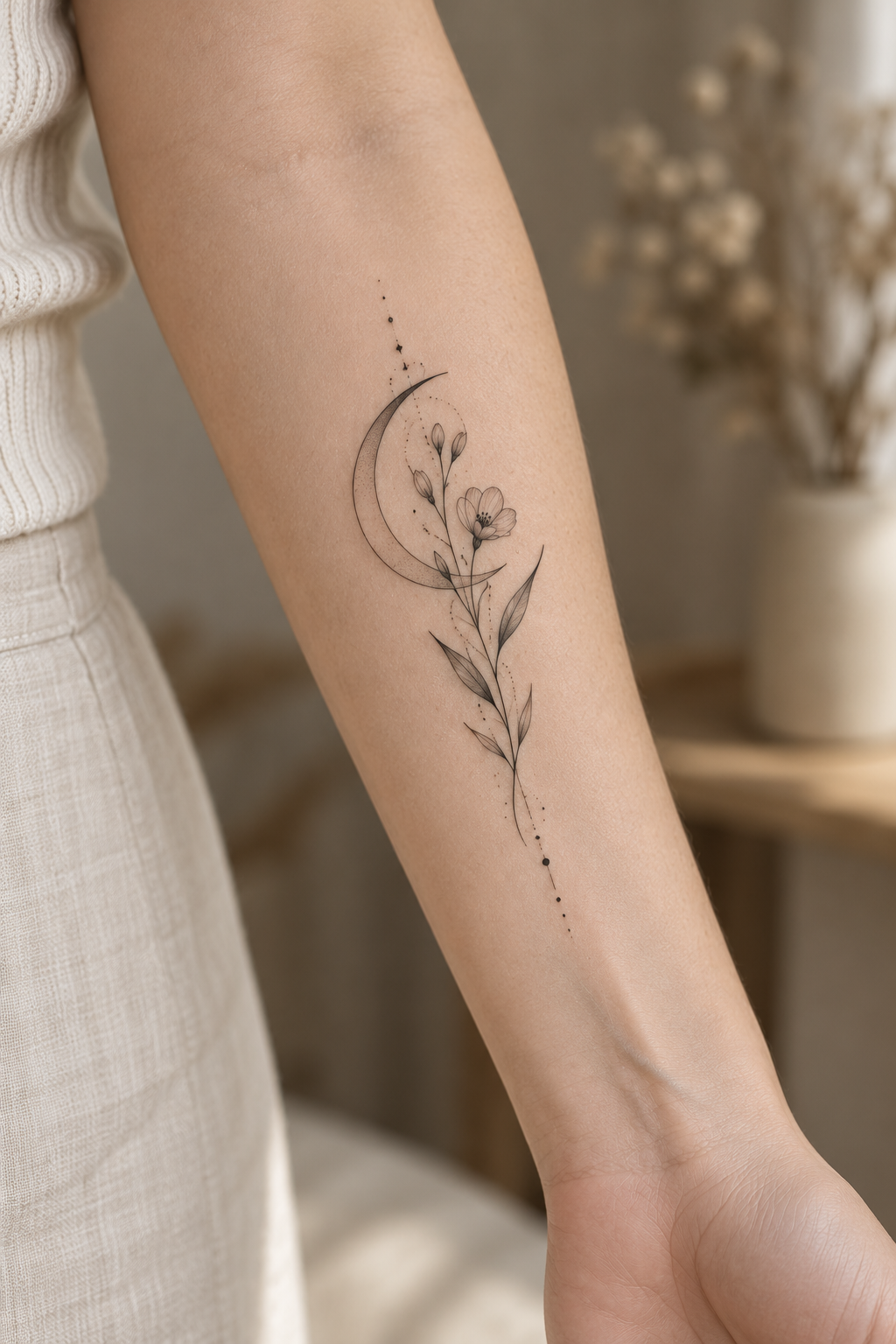 Moon and stars fine-line tattoo