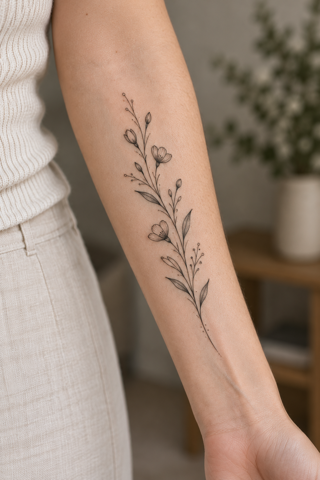Botanical wreath fine-line tattoo