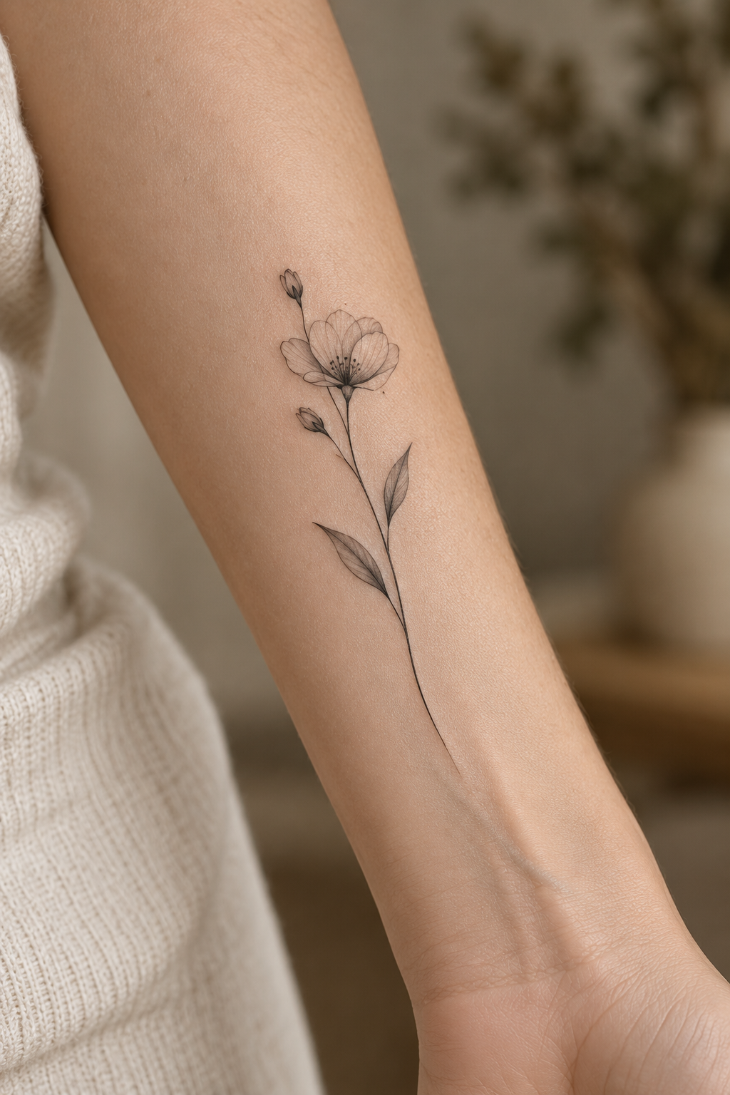 Moon and branch fine-line tattoo